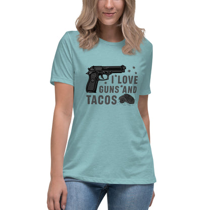 Liberty & Lead Apparel Heather Blue Lagoon / S I Love Guns and Tacos 2 / Tacos and Guns / But First Tacos  - Ladies Relaxed Tee