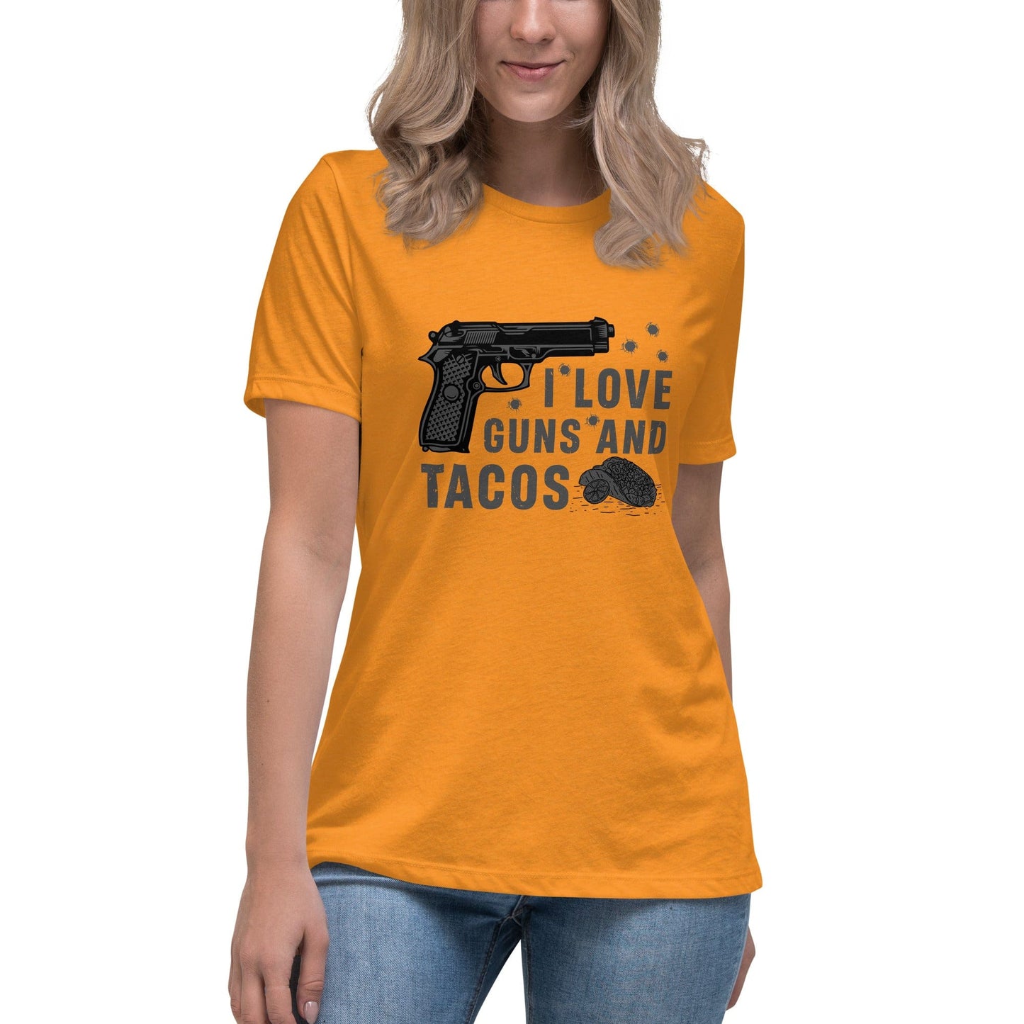 Liberty & Lead Apparel Heather Marmalade / S I Love Guns and Tacos 2 / Tacos and Guns / But First Tacos  - Ladies Relaxed Tee