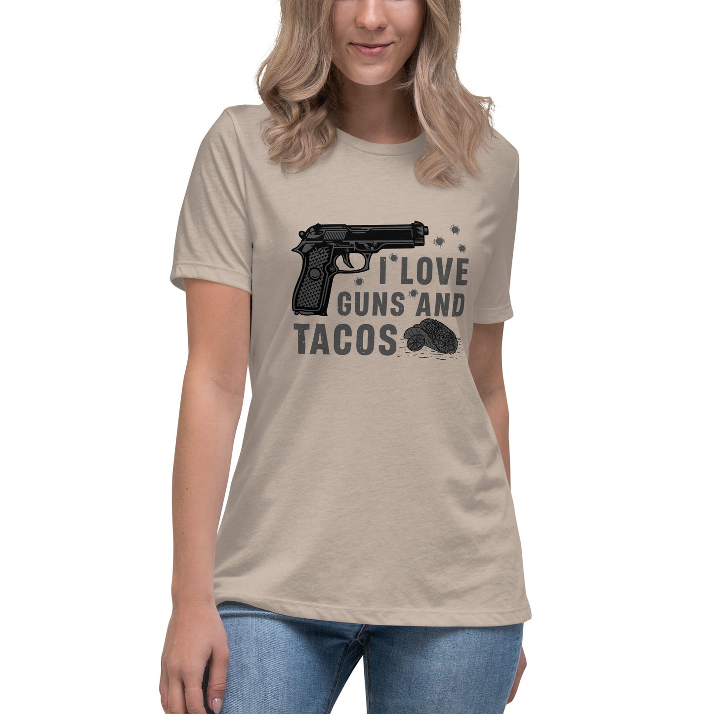 Liberty & Lead Apparel Heather Stone / S I Love Guns and Tacos 2 / Tacos and Guns / But First Tacos  - Ladies Relaxed Tee