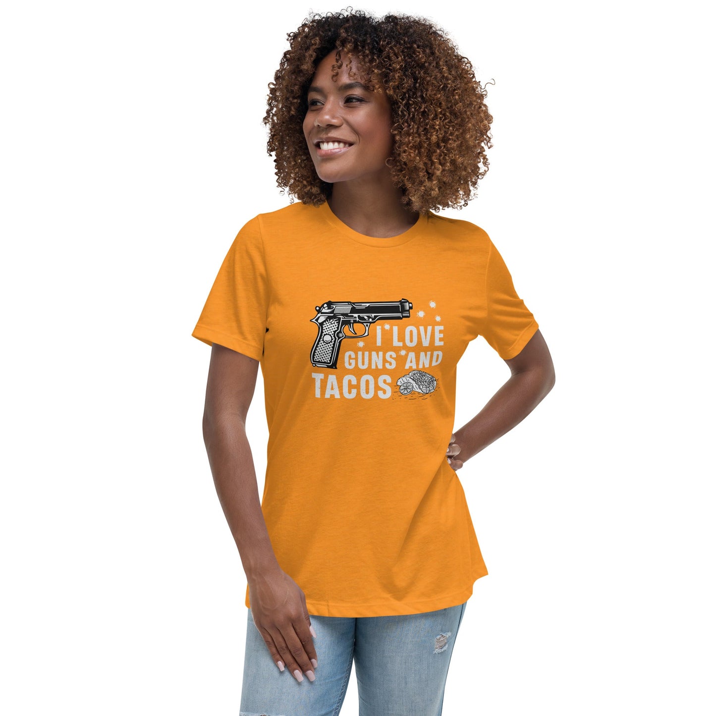 Liberty & Lead Apparel Heather Marmalade / S I Love Guns and Tacos / Tacos and Guns / But First Tacos  - Ladies Relaxed Tee