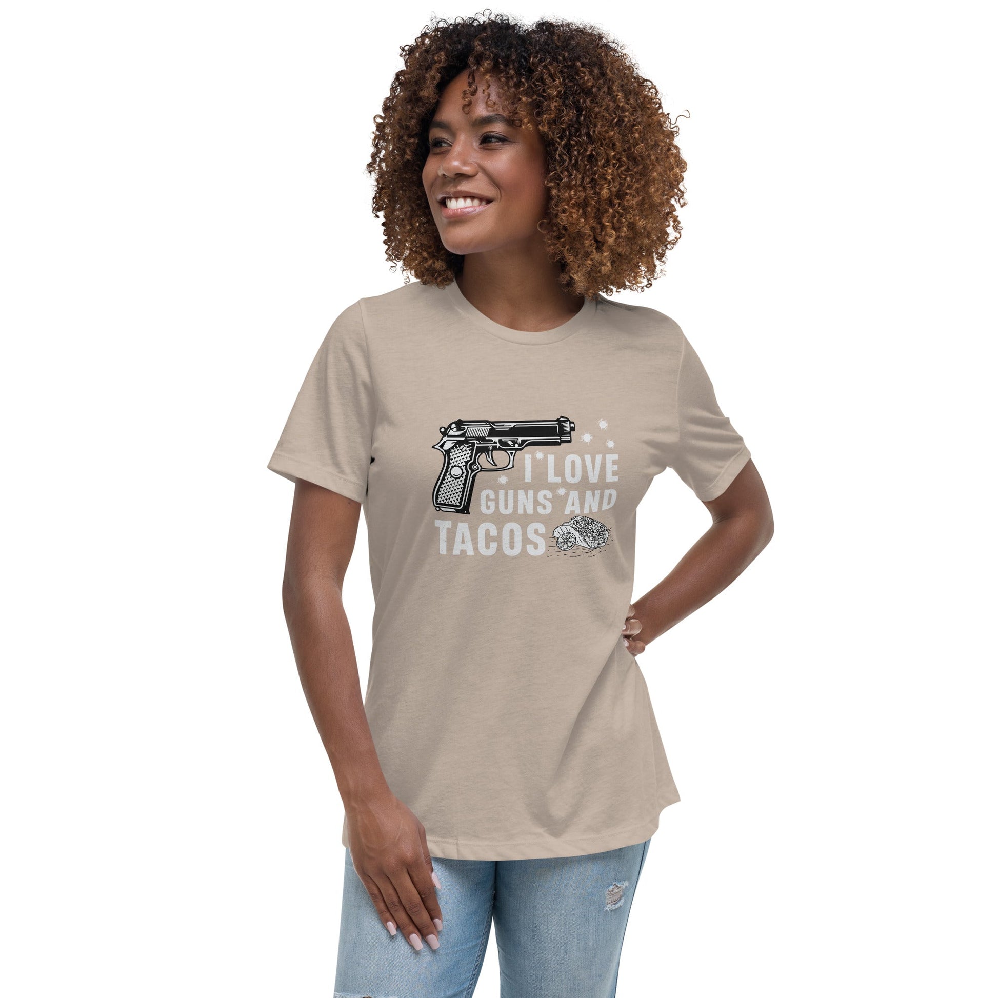 Liberty & Lead Apparel Heather Stone / S I Love Guns and Tacos / Tacos and Guns / But First Tacos  - Ladies Relaxed Tee